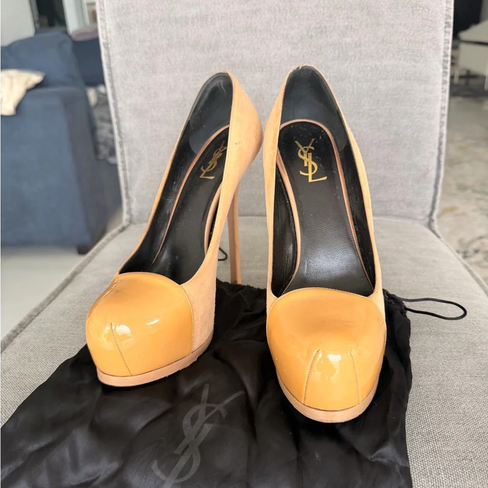 YSL Women's Tan Suede & Patent Leather High Heel Pumps